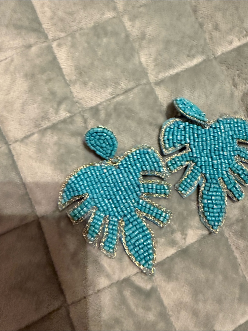 Turquoise Beaded Palm Leaf Statement Earrings - Unbranded